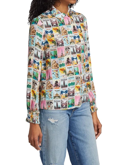 Shop Alice And Olivia Willa Smocked-cuff Postcard Printed Shirt In Wanderlust Postcard