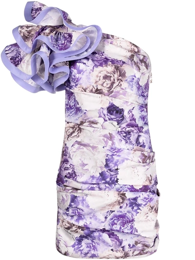 Shop Elisabetta Franchi Ruffled Floral Print Dress In Purple
