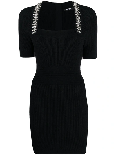Shop Balmain Rhinestone-embellished Knitted Minidress In Black