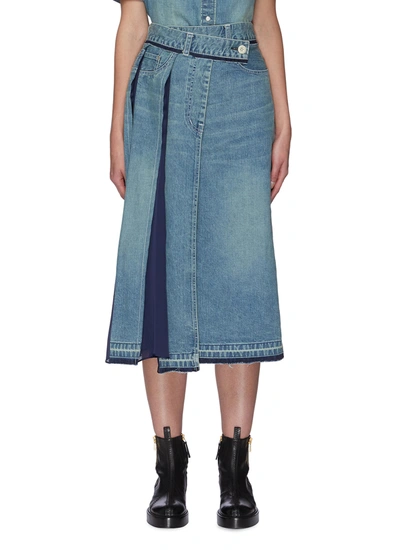 Shop Sacai Contrast Panel Asymmetric Pleat Denim Skirt In Blue