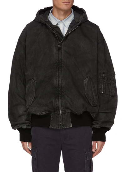Shop Balenciaga Japanese Wash Denim Flannel Lining Hooded Bomber Jacket In Grey