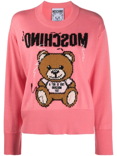 Shop Moschino Teddy Embroidered Knitted Jumper In Pink