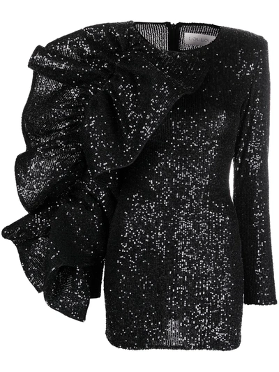 Shop Loulou Ruffle-detail Sequin-embellished Mini Dress In Black