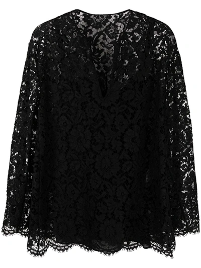 Shop Valentino Long-sleeve Lace-overlay Blouse In Black