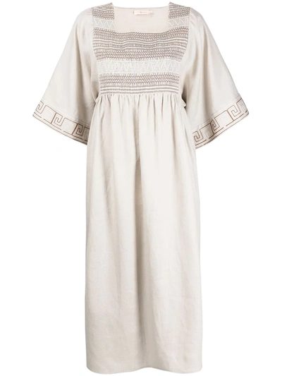 Shop Tory Burch Stitch Pattern Linen Dress In Neutrals