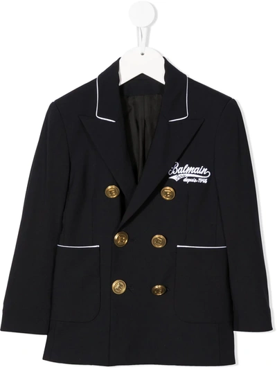 Shop Balmain Logo Double-breasted Blazer In Blue