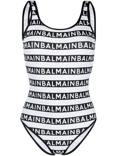 Shop Balmain Logo Pattern Swimsuit In White