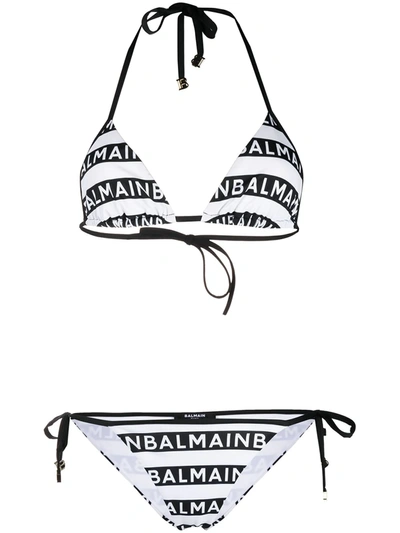 Shop Balmain All-over Logo Print Bikini In White
