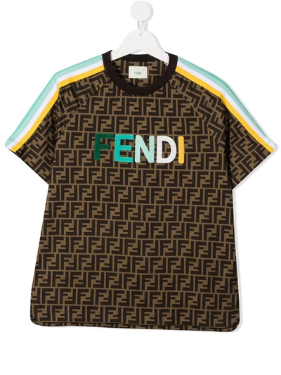 Shop Fendi Teen Zucca-print Logo T-shirt In Brown