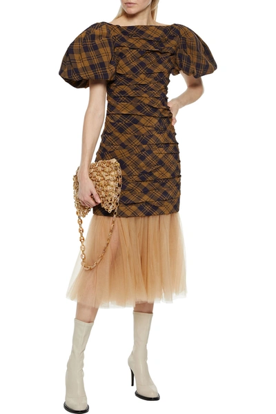Shop Khaite Shelly Layered Checked Crinkled-twill And Pleated Tulle Midi Dress In Camel