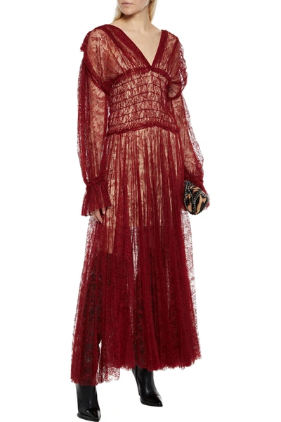 Shop Khaite Dawny Shirred Pleated Chantilly Lace Maxi Dress In Claret