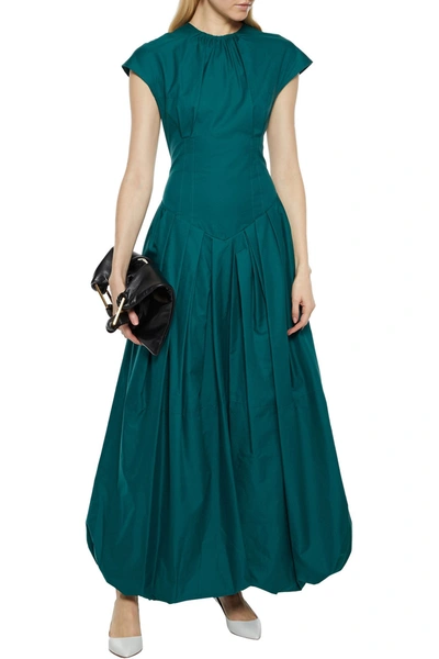 Shop Khaite Rita Gathered Cotton-poplin Maxi Dress In Emerald
