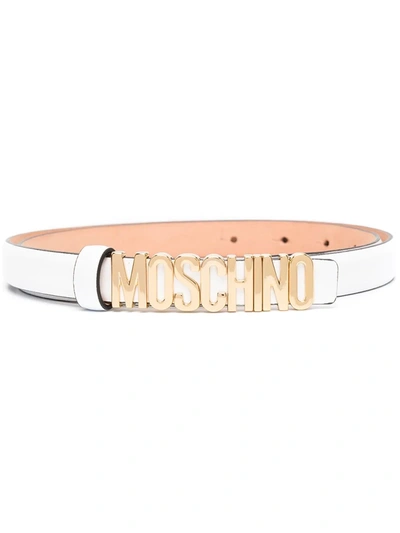 Shop Moschino Lettering Logo Buckle Belt In White
