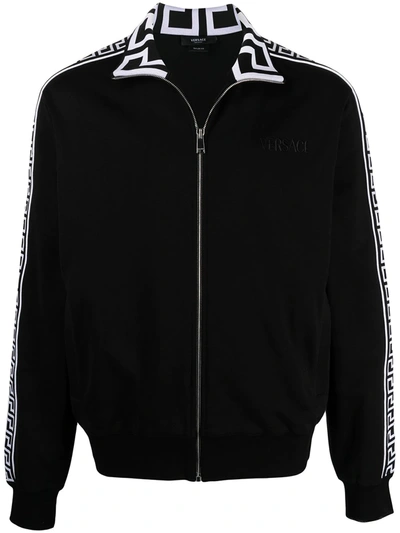 Shop Versace Motif-print Zip-fastening Sweater In Black