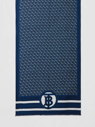 Shop Burberry Reversible Monogram Print Silk Scarf In Cerulean Blue