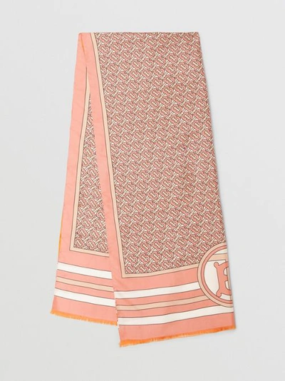 Shop Burberry Reversible Monogram Print Silk Scarf In Bubblegum Pink
