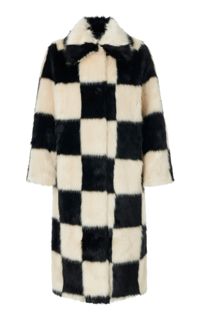 Shop Stand Studio Women's Nino Checkered Faux Fur Trench Coat In Black,white