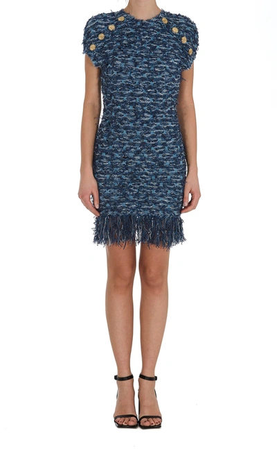 Shop Balmain Fringed Tweed Dress In Blue