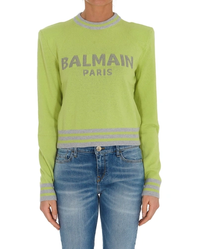 Shop Balmain Logo Cropped Sweater In Green