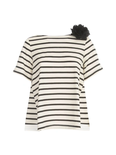 Shop Seventy A Line Striped S/s Sweater W/flower In Black Cream