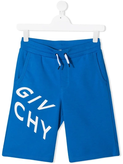 Shop Givenchy Jersey Bermuda With Logo Print In Blu