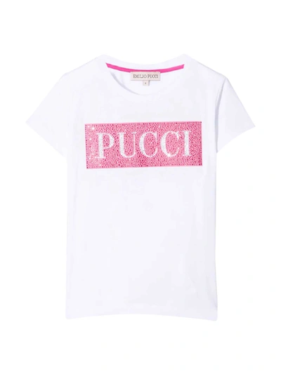 Shop Emilio Pucci White Teen T-shirt With Pink Frontal Logo In Bianco