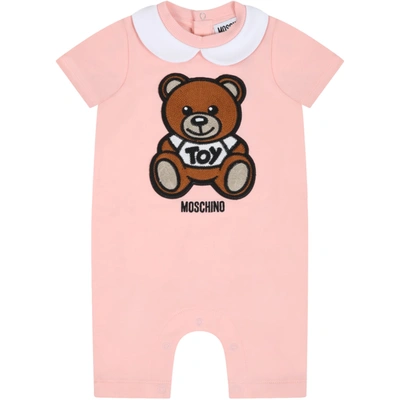 Shop Moschino Pink Romper For Babykids Witth Teddy Bear