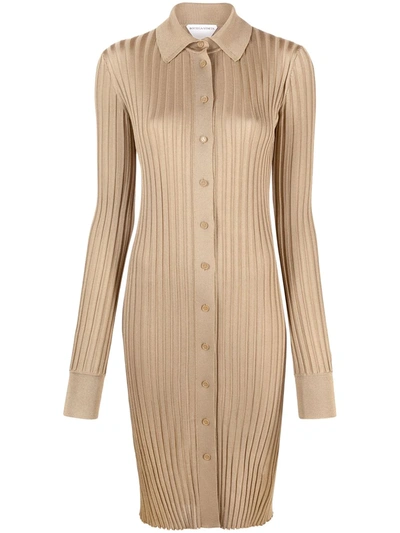 Shop Bottega Veneta Ribbed Silk Polo Shirt Dress In Neutrals