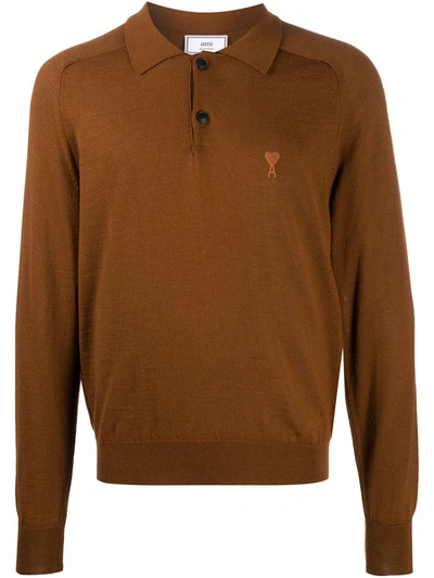 Shop Ami Alexandre Mattiussi Ami De Coeur Knitted Polo Shirt In Brown