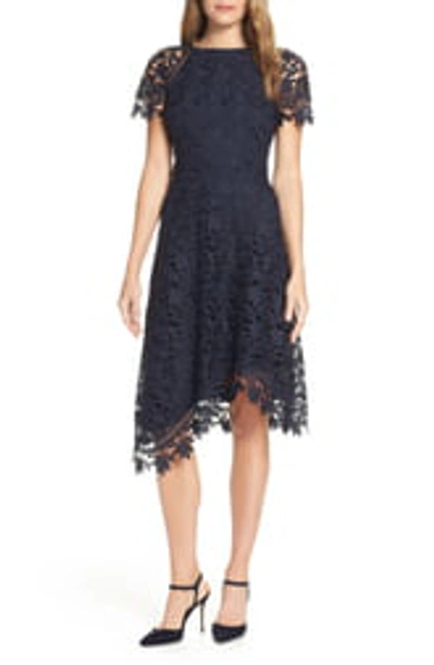 Shop Eliza J Cap Sleeve Asymmetrical Lace Midi Dress In Navy