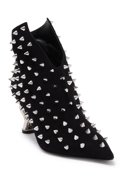 Shop Balmain Pointed Toe Studded Abstract Heel Ankle Bootie In Black