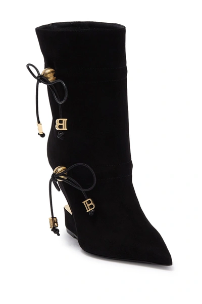 Shop Balmain Pointed Toe Bow Accented Wedge Bootie In Black