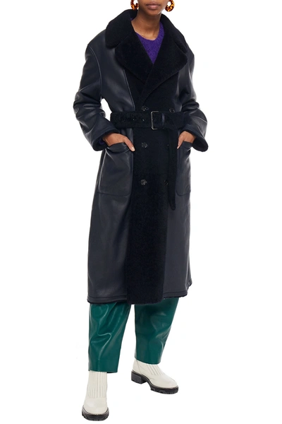 Shop Marni Belted Shearling Coat In Midnight Blue