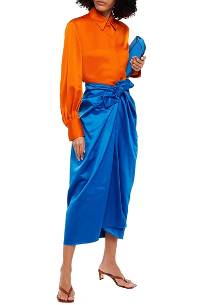 Shop Marni Wrap-effect Cotton And Cupro-blend Satin Midi Skirt In Blue