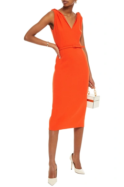 Shop Oscar De La Renta Belted Wool-blend Crepe Midi Dress In Bright Orange