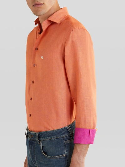 Shop Etro Linen Shirt With Embroidered Pegaso In Orange