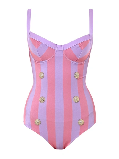 Shop Balmain Striped Swimsuit In Light Purple