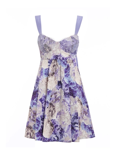 Shop Elisabetta Franchi Peonies Printed Cotton Mini Dress In Purple