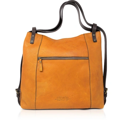 Shop Chiarugi Designer Handbags Genuine Leather Convertible Tote/backpack In Moutarde