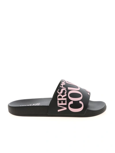 Shop Versace Jeans Couture Pink Logo Slippers In Black