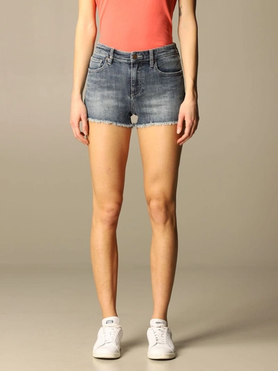 Shop Armani Collezioni Armani Exchange Short Fringed Denim Shorts In Stone Washed