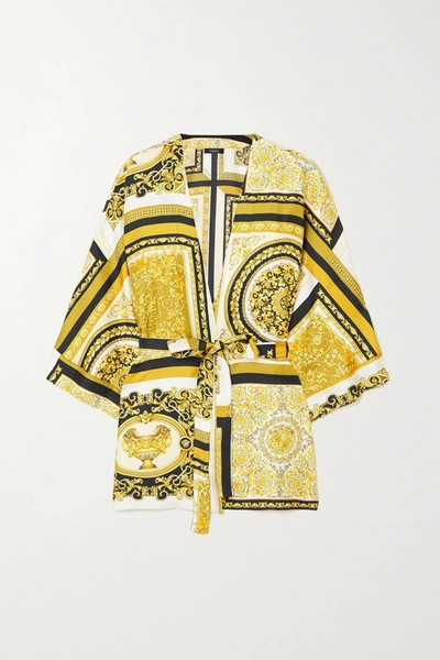 Shop Versace Belted Printed Silk-twill Robe In Gold