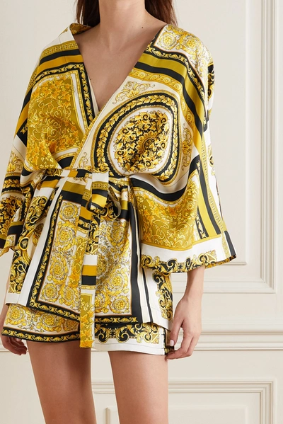 Shop Versace Belted Printed Silk-twill Robe In Gold