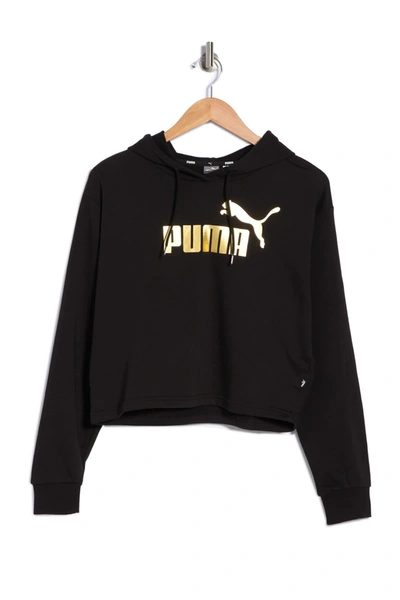 Shop Puma Essential Metallic Cropped Hoodie In  Black-gold