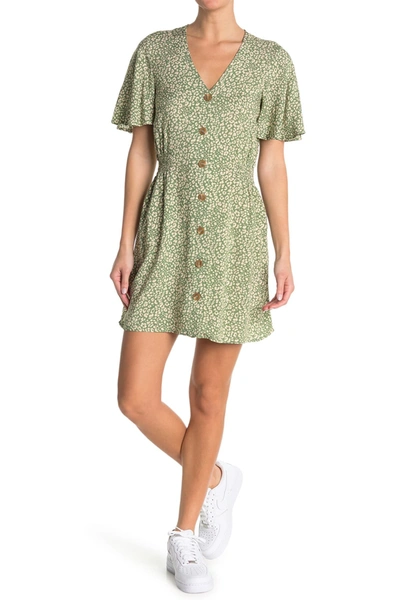 Shop Abound Flutter Sleeve Button Front Dress In Olive Animal