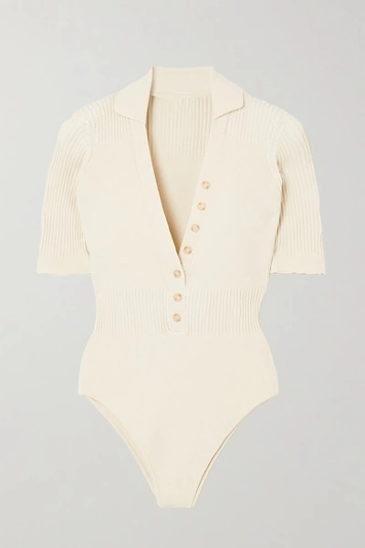 Shop Jacquemus Yauco Ribbed-knit Bodysuit In Beige