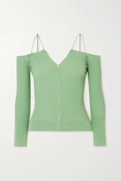 Shop Jacquemus Tordu Off-the-shoulder Cutout Ribbed-knit Cardigan In Green