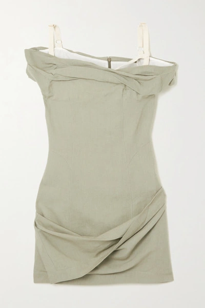 Shop Jacquemus Foglio Off-the-shoulder Gathered Linen-blend Mini Dress In Sage Green