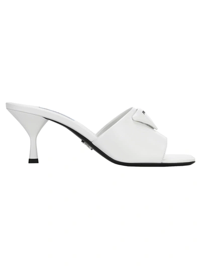 Shop Prada Triangle Logo Mid-heel Mules In White