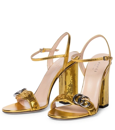 Shop Gucci Marmont Sequined Leather Sandals In Yellow